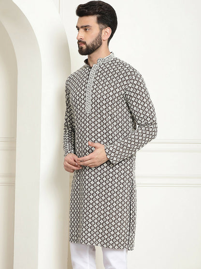 Men's White Geometric Embroidered Kurta – Mandarin Collar, Cotton, Above Knee Length | Indiaista