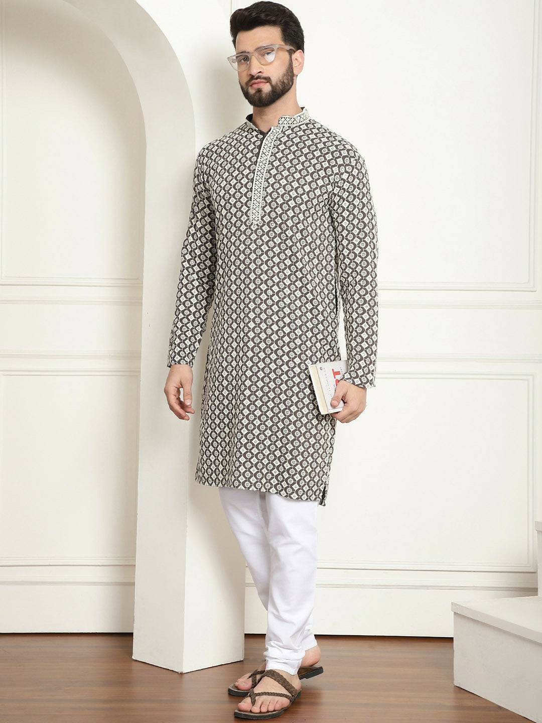 Men's White Geometric Embroidered Kurta – Mandarin Collar, Cotton, Above Knee Length | Indiaista