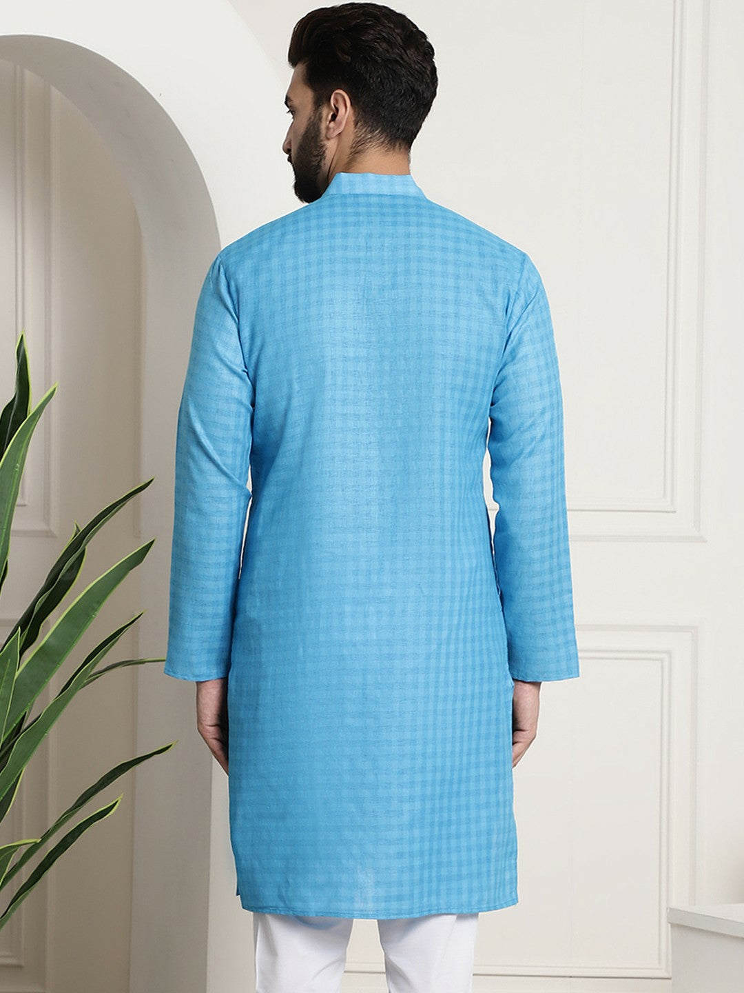 Men’s Blue Checked Dobby Cotton Kurta – Mandarin Collar, Knee Length, Regular Fit | Indiaista