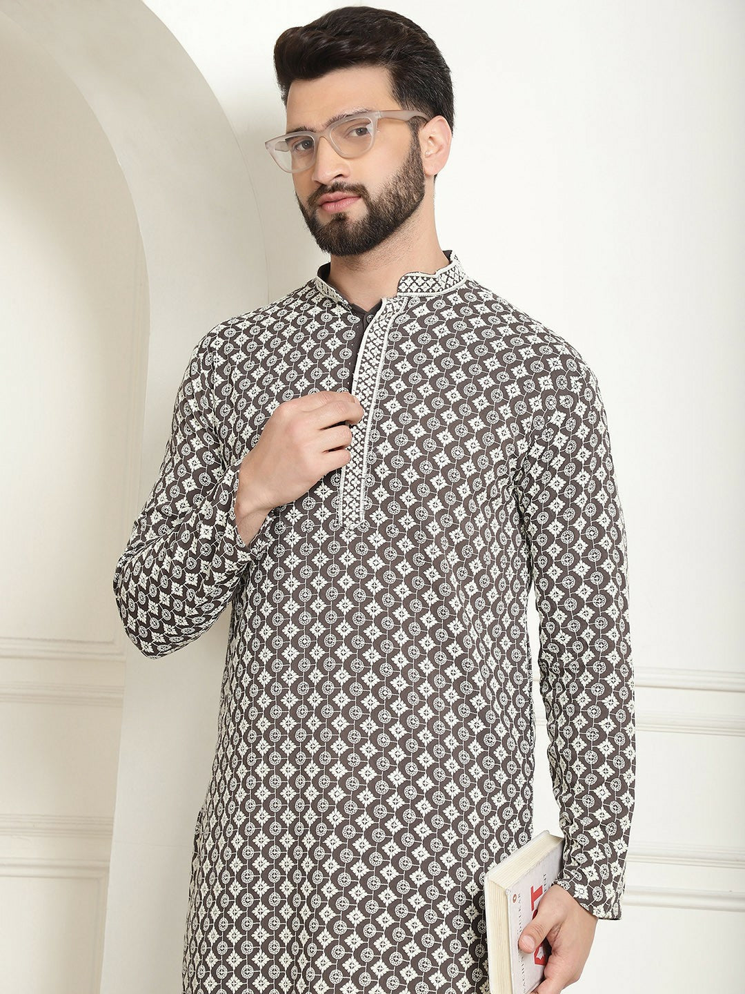 Men's White Geometric Embroidered Kurta – Mandarin Collar, Cotton, Above Knee Length | Indiaista