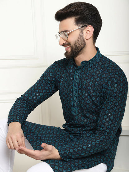 Teal Geometric Embroidered Sequinned Kurta for Men – Mandarin Collar, Pure Cotton, Knee Length | Indiaista