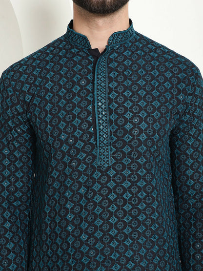 Teal Geometric Embroidered Sequinned Kurta for Men – Mandarin Collar, Pure Cotton, Knee Length | Indiaista