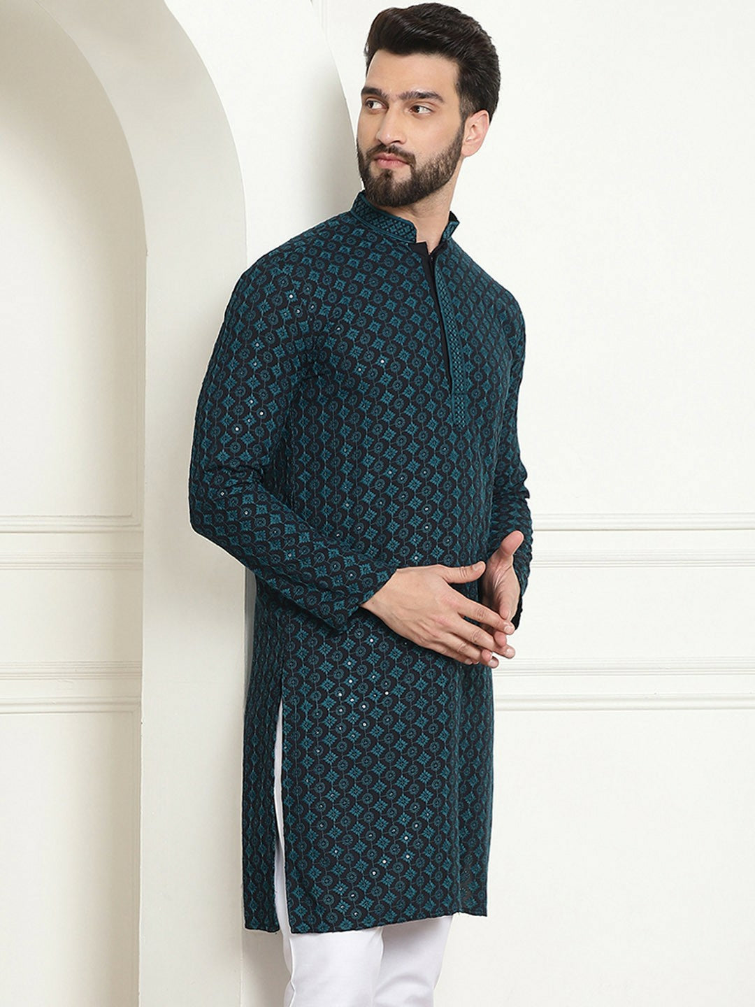 Teal Geometric Embroidered Sequinned Kurta for Men – Mandarin Collar, Pure Cotton, Knee Length | Indiaista