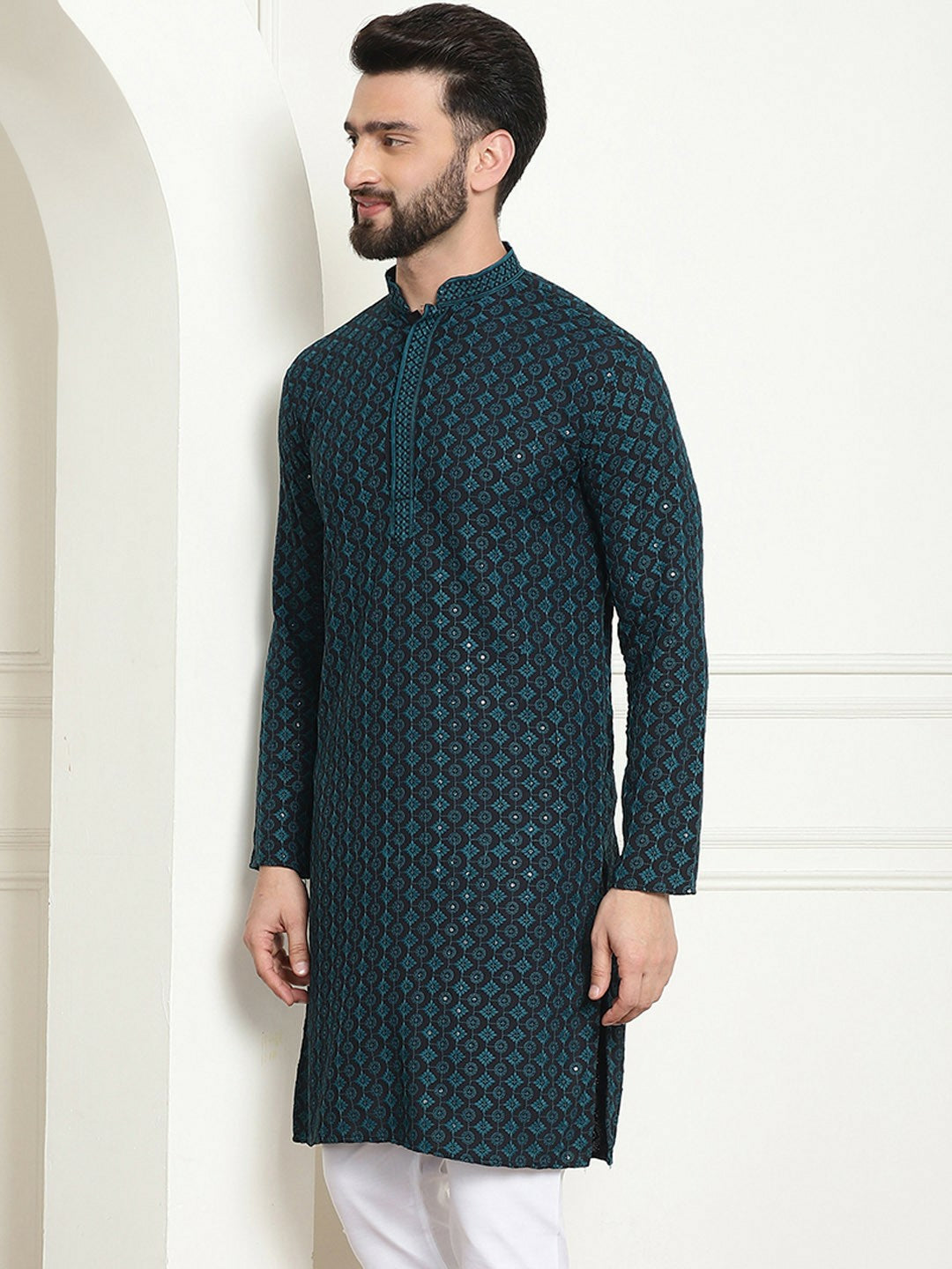 Teal Geometric Embroidered Sequinned Kurta for Men – Mandarin Collar, Pure Cotton, Knee Length | Indiaista