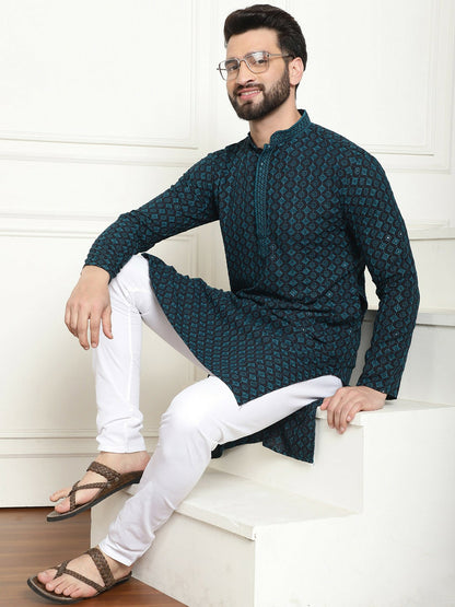 Teal Geometric Embroidered Sequinned Kurta for Men – Mandarin Collar, Pure Cotton, Knee Length | Indiaista