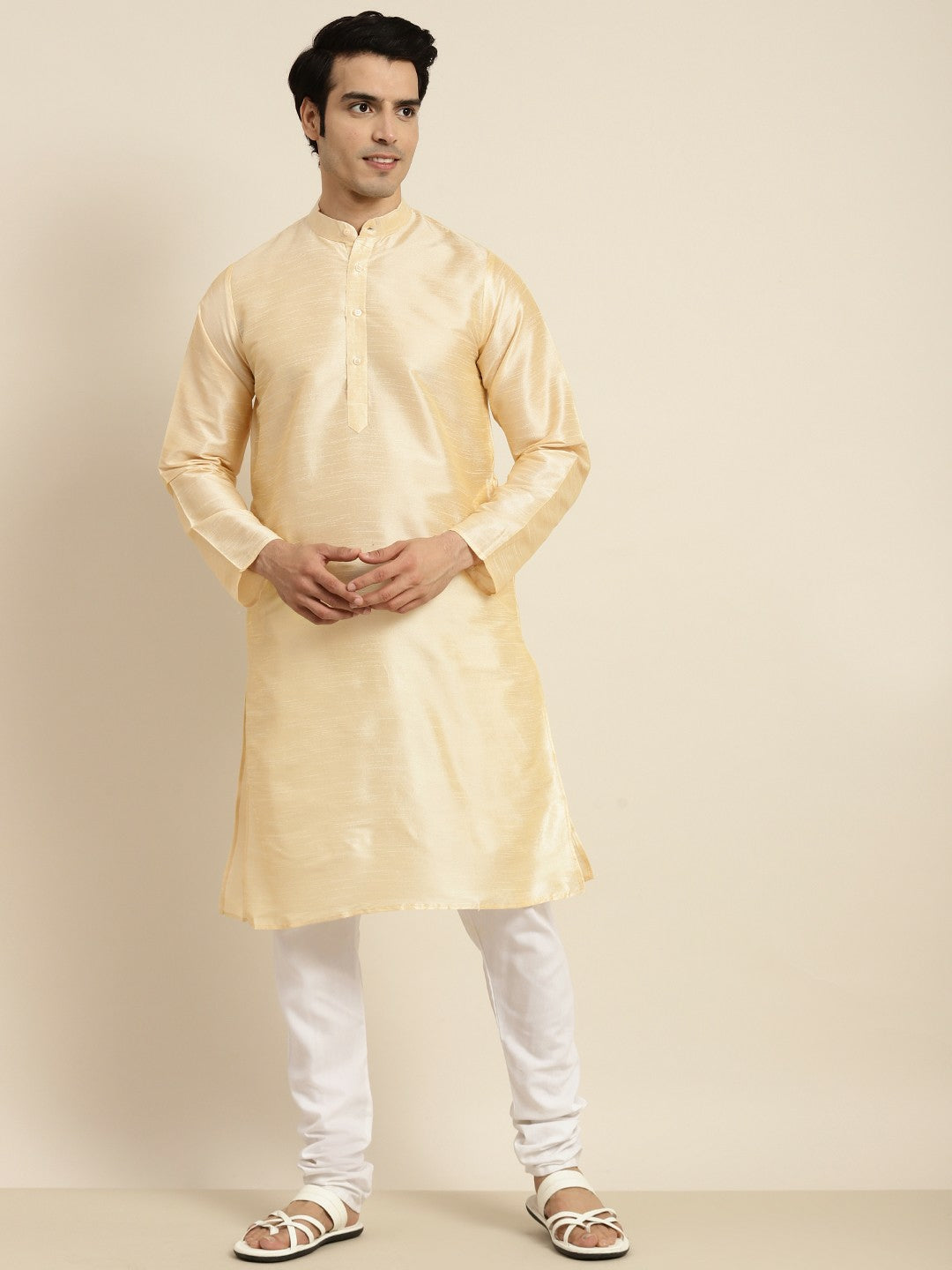 Men's Gold-Toned Band Collar Kurta – Solid Silk, Knee-Length, Regular Fit | Indiaista