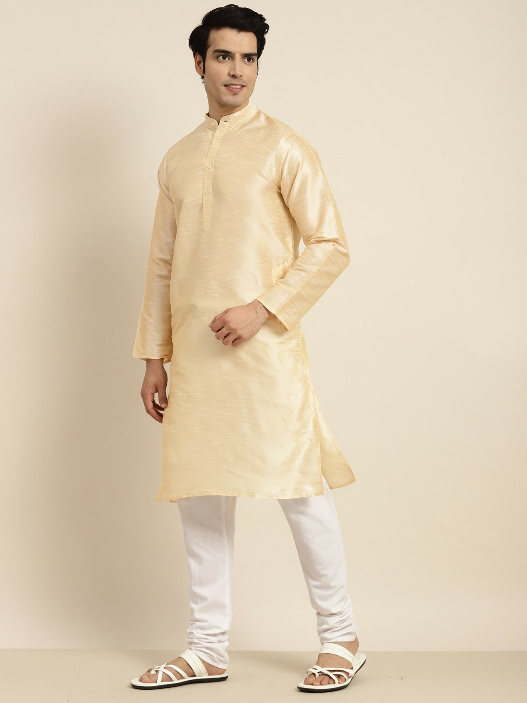 Men's Gold-Toned Band Collar Kurta – Solid Silk, Knee-Length, Regular Fit | Indiaista