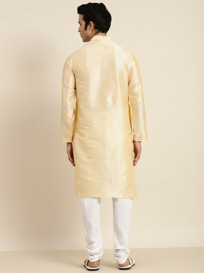 Men's Gold-Toned Band Collar Kurta – Solid Silk, Knee-Length, Regular Fit | Indiaista