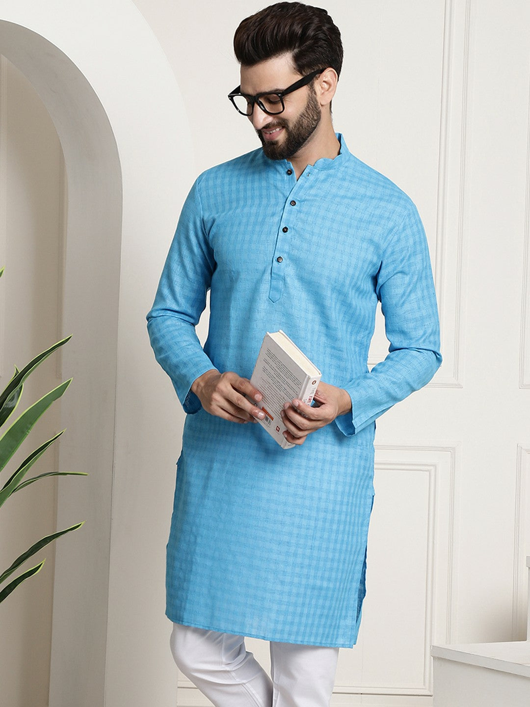 Men’s Blue Checked Dobby Cotton Kurta – Mandarin Collar, Knee Length, Regular Fit | Indiaista