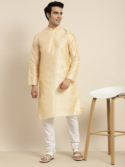 Men's Gold-Toned Band Collar Kurta – Solid Silk, Knee-Length, Regular Fit | Indiaista