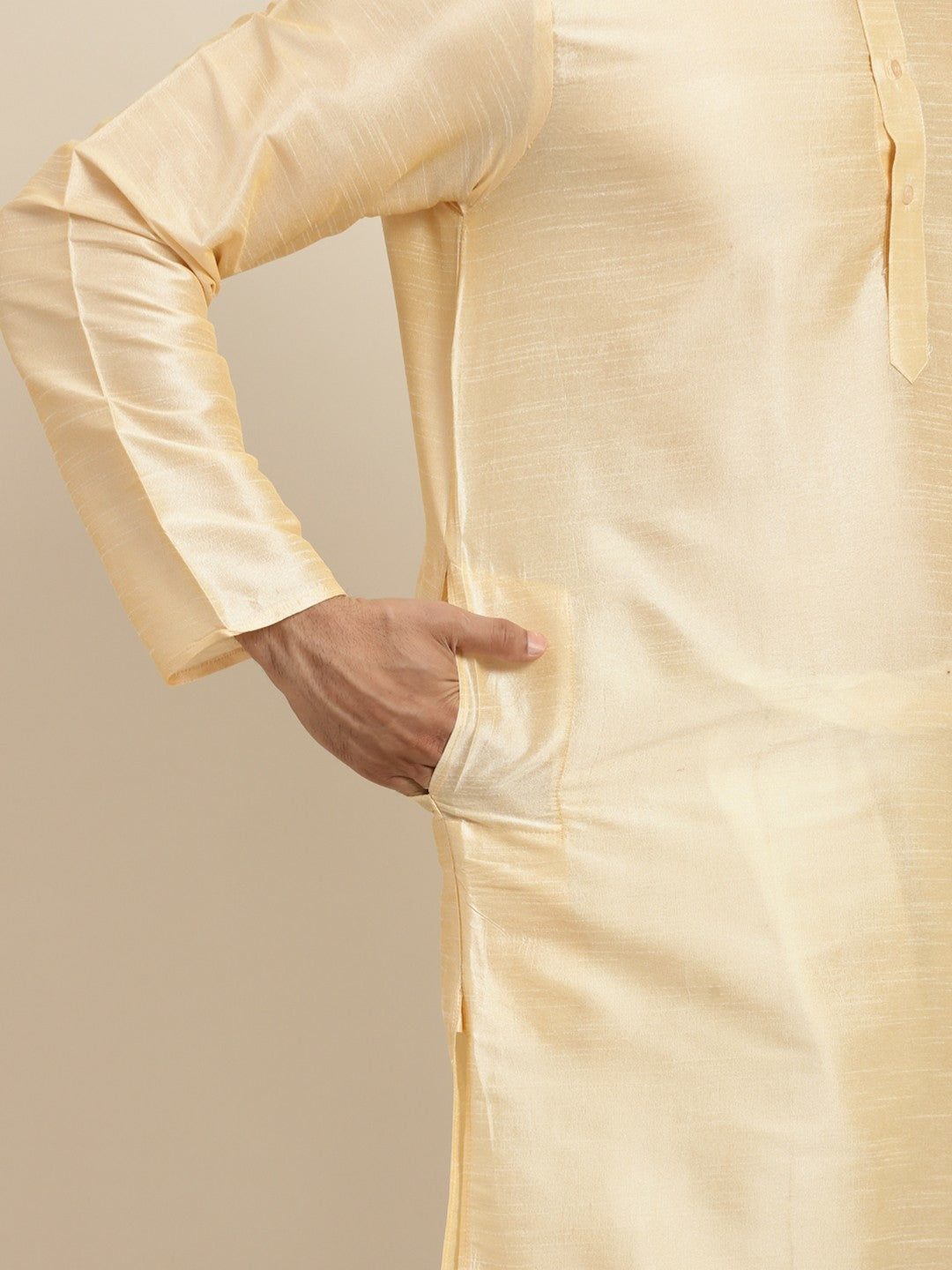 Men's Gold-Toned Band Collar Kurta – Solid Silk, Knee-Length, Regular Fit | Indiaista