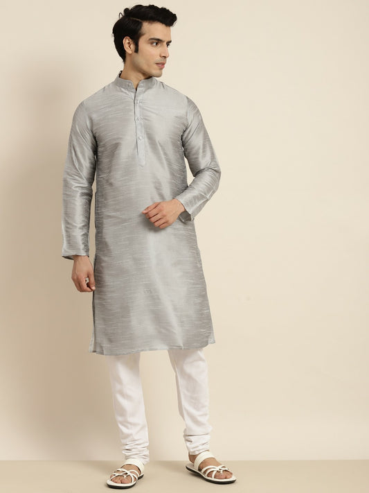 Men’s Silver-Toned Band Collar Kurta – Solid, Knee-Length, Regular Silk | Indiaista