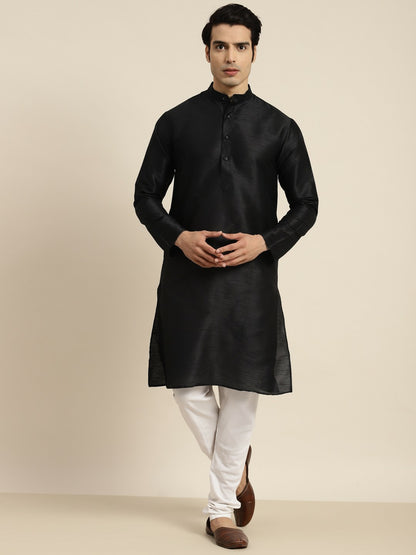 Men's Black Solid Mandarin Collar Kurta – Knee Length, Regular Silk, Straight Fit | Indiaista