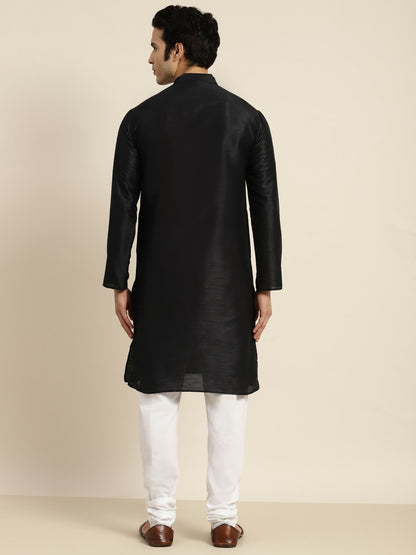 Men's Black Solid Mandarin Collar Kurta – Knee Length, Regular Silk, Straight Fit | Indiaista