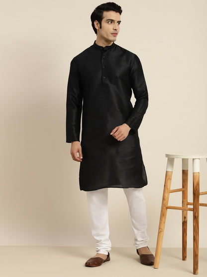 Men's Black Solid Mandarin Collar Kurta – Knee Length, Regular Silk, Straight Fit | Indiaista