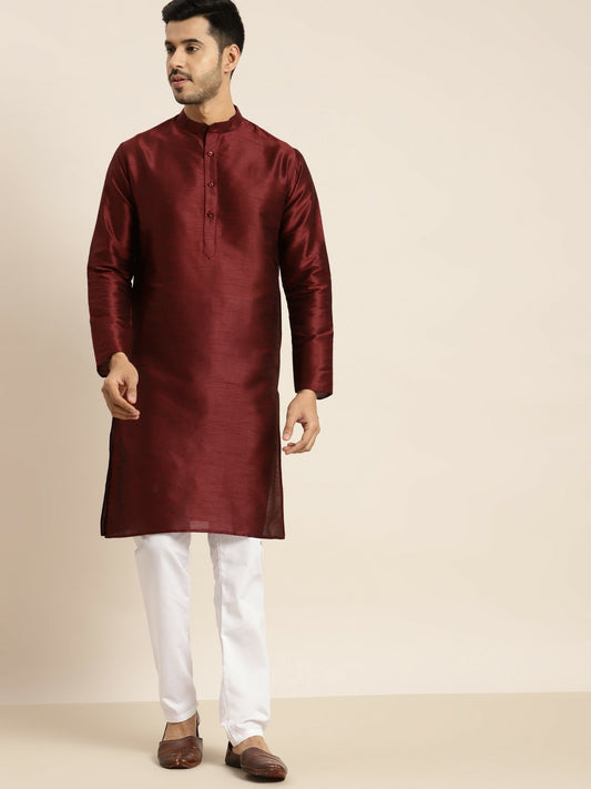 Men's Maroon Solid Kurta – Mandarin Collar, Silk Fabric, Knee-Length | Indiaista