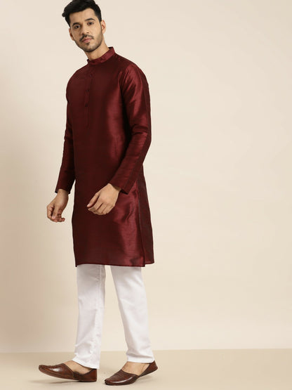 Men's Maroon Solid Kurta – Mandarin Collar, Silk Fabric, Knee-Length | Indiaista