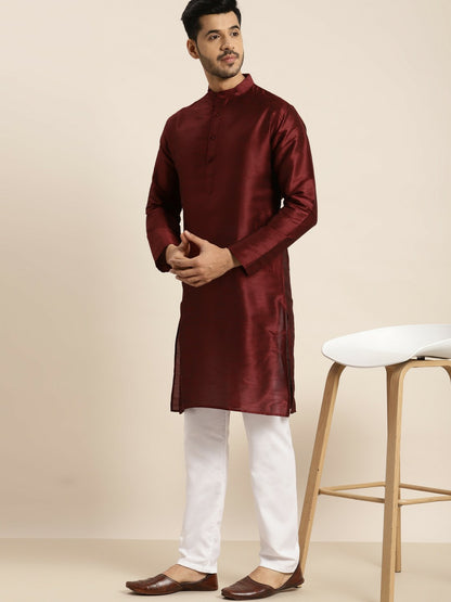 Men's Maroon Solid Kurta – Mandarin Collar, Silk Fabric, Knee-Length | Indiaista