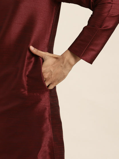 Men's Maroon Solid Kurta – Mandarin Collar, Silk Fabric, Knee-Length | Indiaista