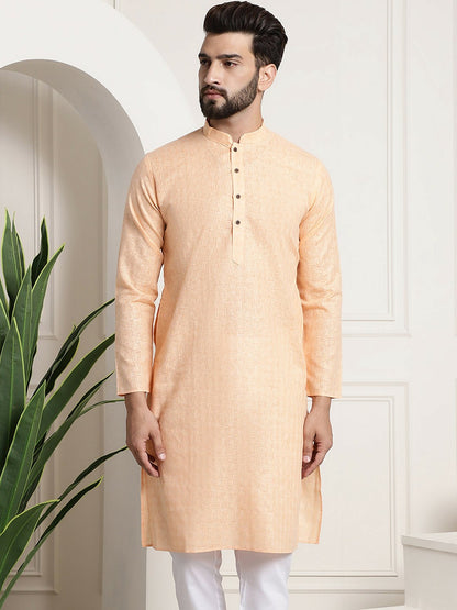 Men's Peach-Coloured Checked Dobby Cotton Kurta – Mandarin Collar, Knee-Length, Regular Fit | Indiaista