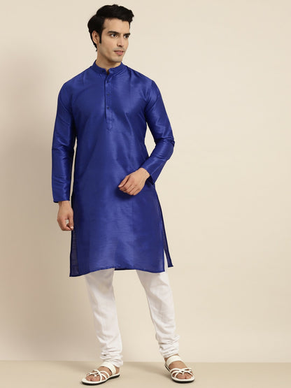 Men's Blue Solid Band Collar Kurta – Silk Fabric, Regular Fit, Knee Length | Indiaista