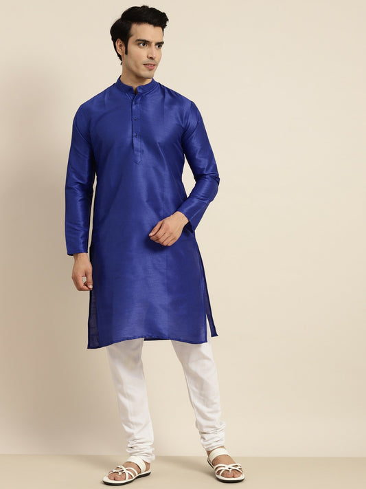 Men's Blue Solid Band Collar Kurta – Silk Fabric, Regular Fit, Knee Length | Indiaista