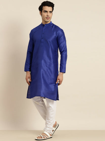 Men's Blue Solid Band Collar Kurta – Silk Fabric, Regular Fit, Knee Length | Indiaista