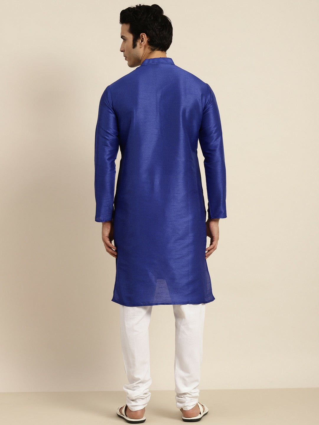 Men's Blue Solid Band Collar Kurta – Silk Fabric, Regular Fit, Knee Length | Indiaista