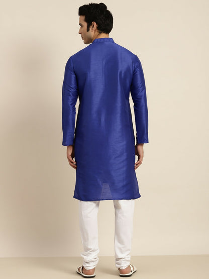 Men's Blue Solid Band Collar Kurta – Silk Fabric, Regular Fit, Knee Length | Indiaista