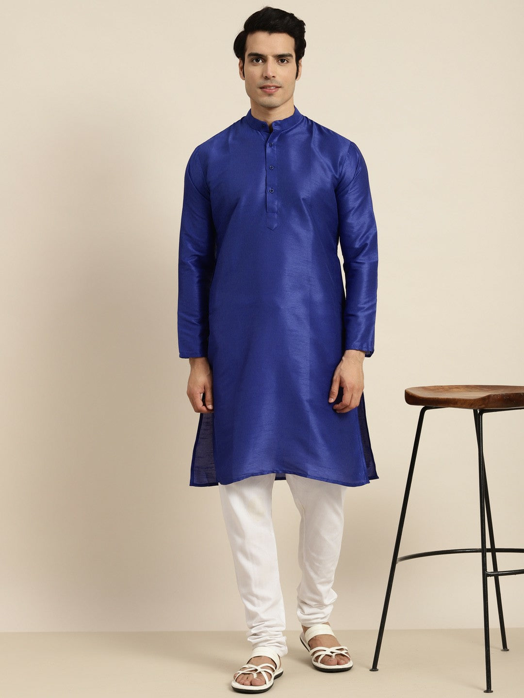 Men's Blue Solid Band Collar Kurta – Silk Fabric, Regular Fit, Knee Length | Indiaista