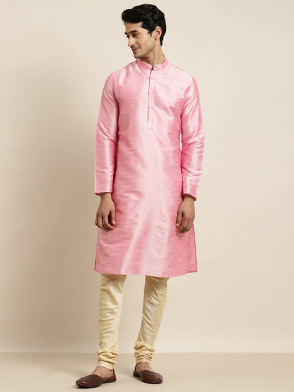 Men’s Pink Solid Kurta – Mandarin Collar, Regular Silk, Knee-Length | Indiaista