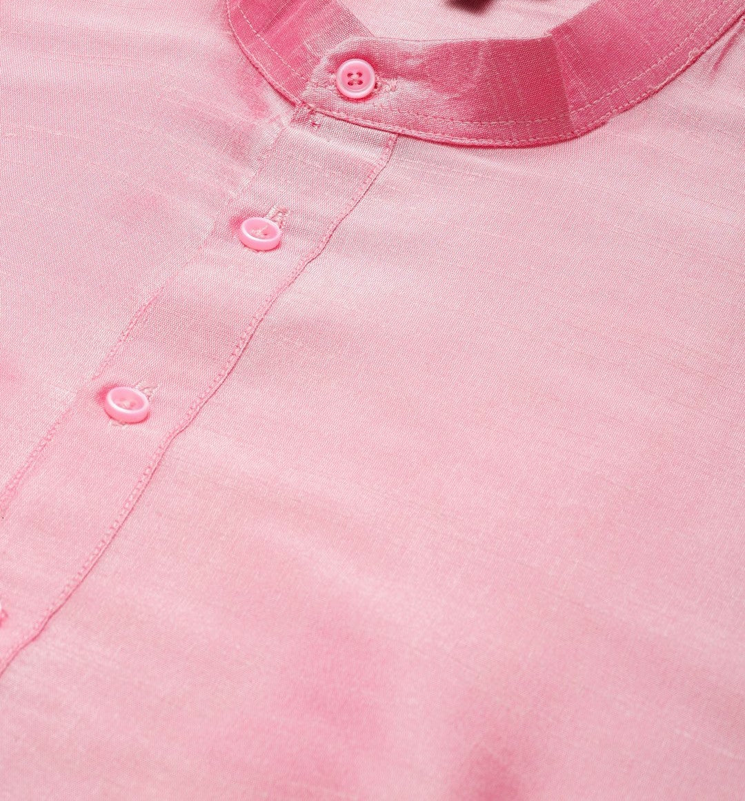 Men’s Pink Solid Kurta – Mandarin Collar, Regular Silk, Knee-Length | Indiaista