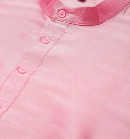 Men’s Pink Solid Kurta – Mandarin Collar, Regular Silk, Knee-Length | Indiaista