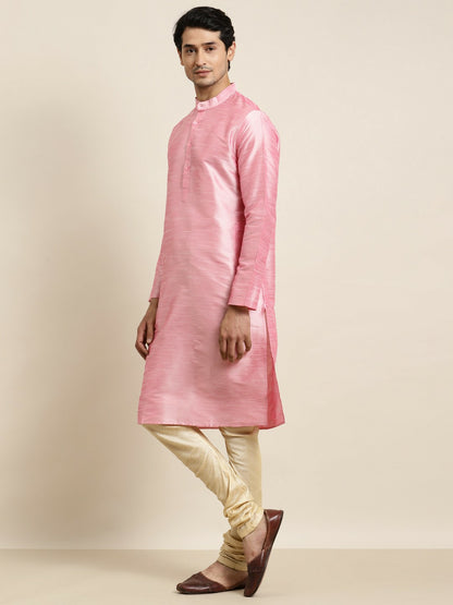 Men’s Pink Solid Kurta – Mandarin Collar, Regular Silk, Knee-Length | Indiaista