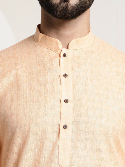 Men's Peach-Coloured Checked Dobby Cotton Kurta – Mandarin Collar, Knee-Length, Regular Fit | Indiaista