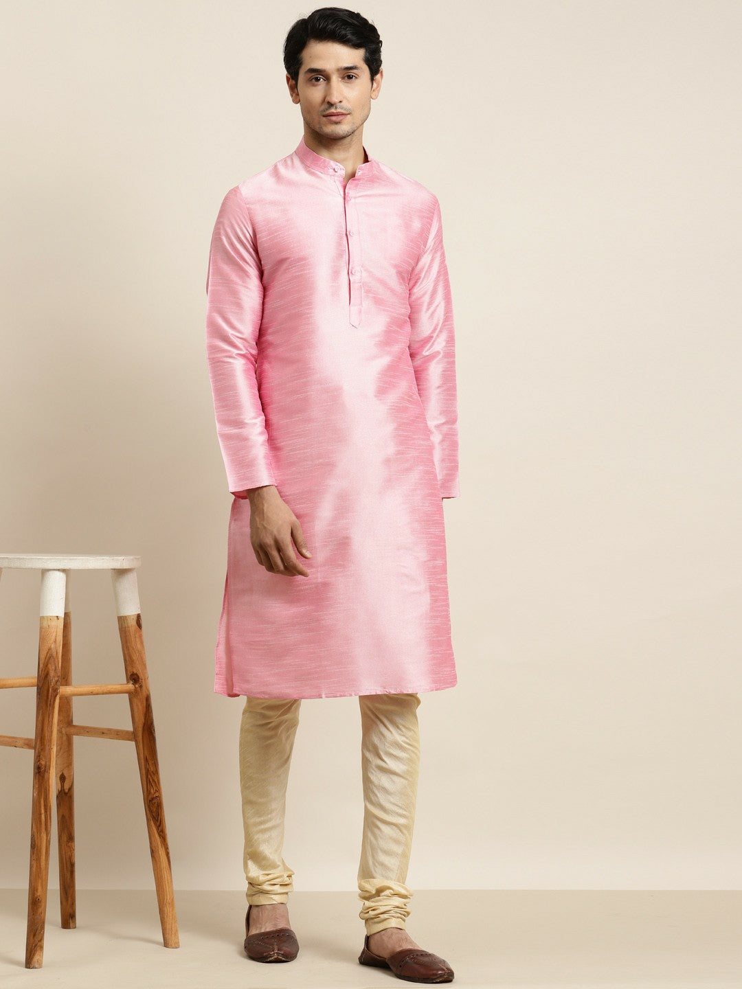 Men’s Pink Solid Kurta – Mandarin Collar, Regular Silk, Knee-Length | Indiaista