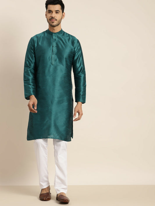 Men’s Green Solid Kurta – Mandarin Collar, Knee-Length, Regular Silk Fabric | Indiaista