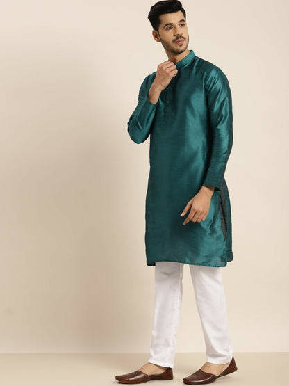 Men’s Green Solid Kurta – Mandarin Collar, Knee-Length, Regular Silk Fabric | Indiaista