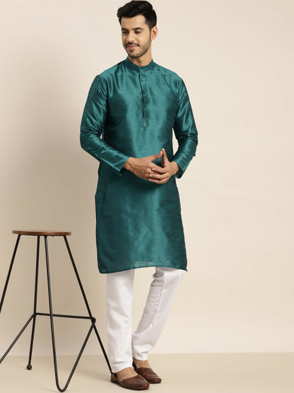 Men’s Green Solid Kurta – Mandarin Collar, Knee-Length, Regular Silk Fabric | Indiaista