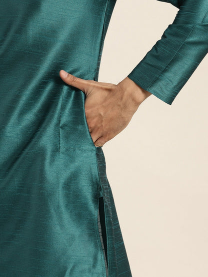 Men’s Green Solid Kurta – Mandarin Collar, Knee-Length, Regular Silk Fabric | Indiaista