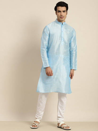 Men's Blue Band Collar Kurta – Solid, Knee-Length, Regular Silk for Traditional & Festive Wear | Indiaista