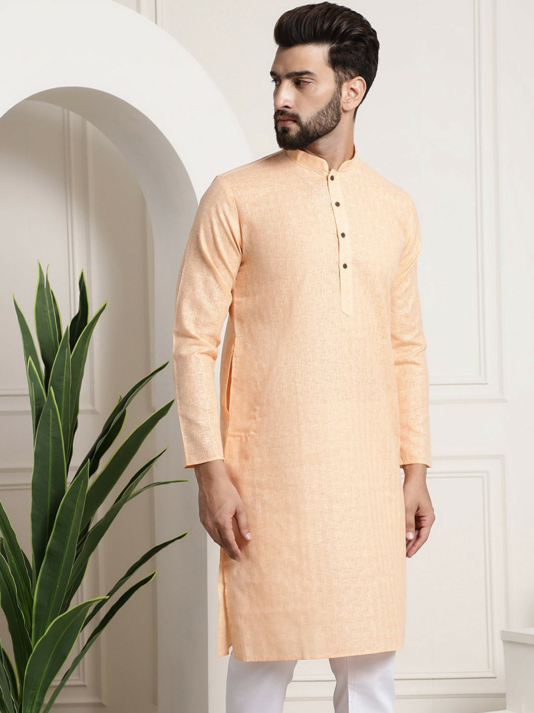 Men's Peach-Coloured Checked Dobby Cotton Kurta – Mandarin Collar, Knee-Length, Regular Fit | Indiaista