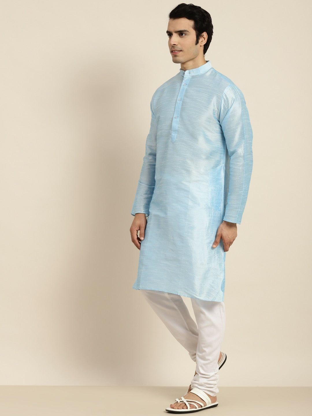 Men's Blue Band Collar Kurta – Solid, Knee-Length, Regular Silk for Traditional & Festive Wear | Indiaista