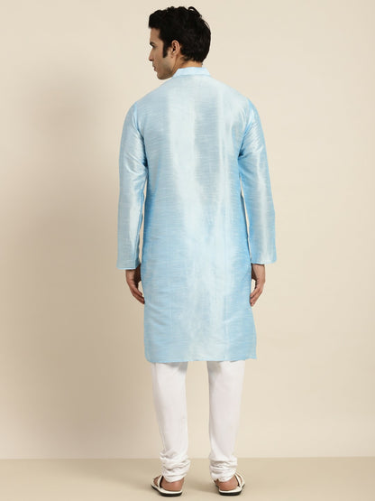 Men's Blue Band Collar Kurta – Solid, Knee-Length, Regular Silk for Traditional & Festive Wear | Indiaista