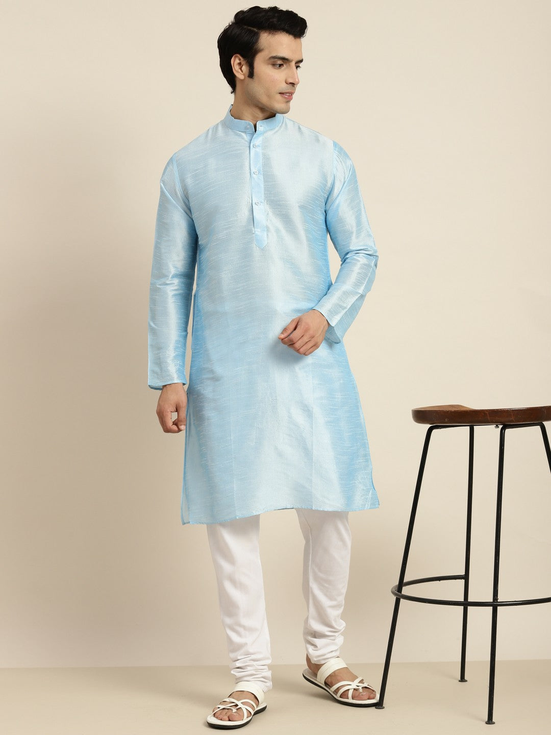 Men's Blue Band Collar Kurta – Solid, Knee-Length, Regular Silk for Traditional & Festive Wear | Indiaista