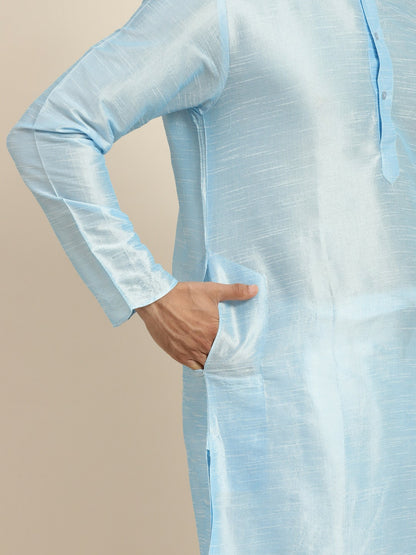 Men's Blue Band Collar Kurta – Solid, Knee-Length, Regular Silk for Traditional & Festive Wear | Indiaista