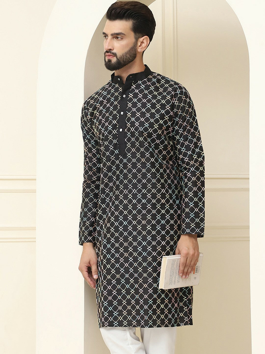 Black Embroidered Men’s Kurta with Mandarin Collar – Cotton Silk, Thread Work, Knee Length | Indiaista