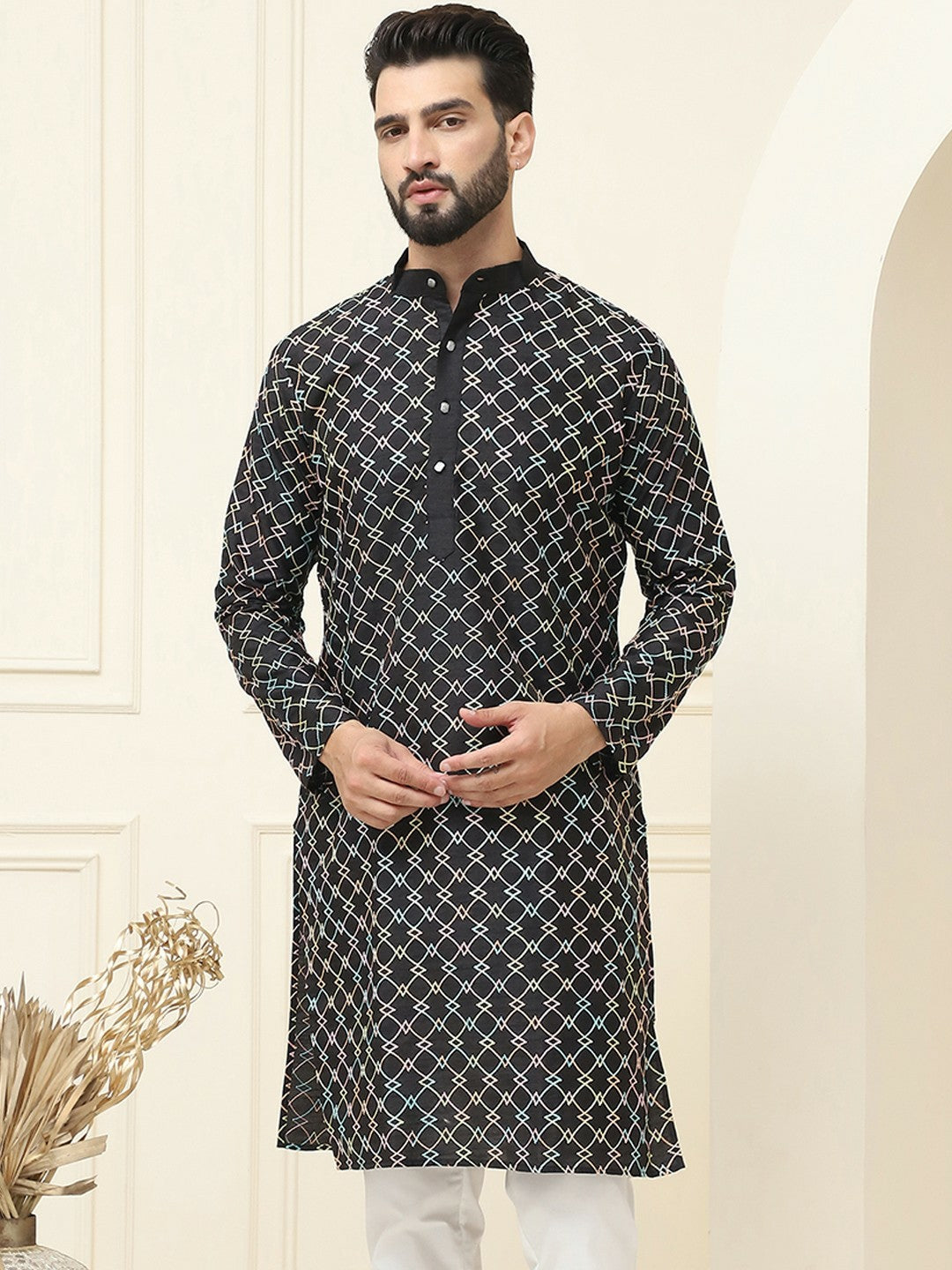 Black Embroidered Men’s Kurta with Mandarin Collar – Cotton Silk, Thread Work, Knee Length | Indiaista