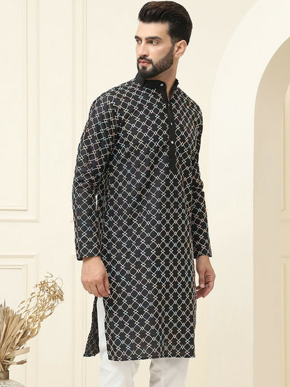 Black Embroidered Men’s Kurta with Mandarin Collar – Cotton Silk, Thread Work, Knee Length | Indiaista