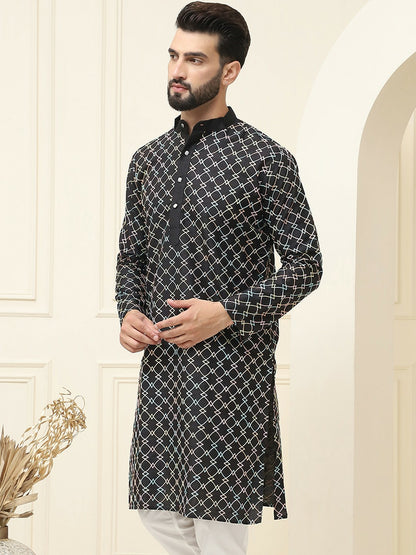 Black Embroidered Men’s Kurta with Mandarin Collar – Cotton Silk, Thread Work, Knee Length | Indiaista